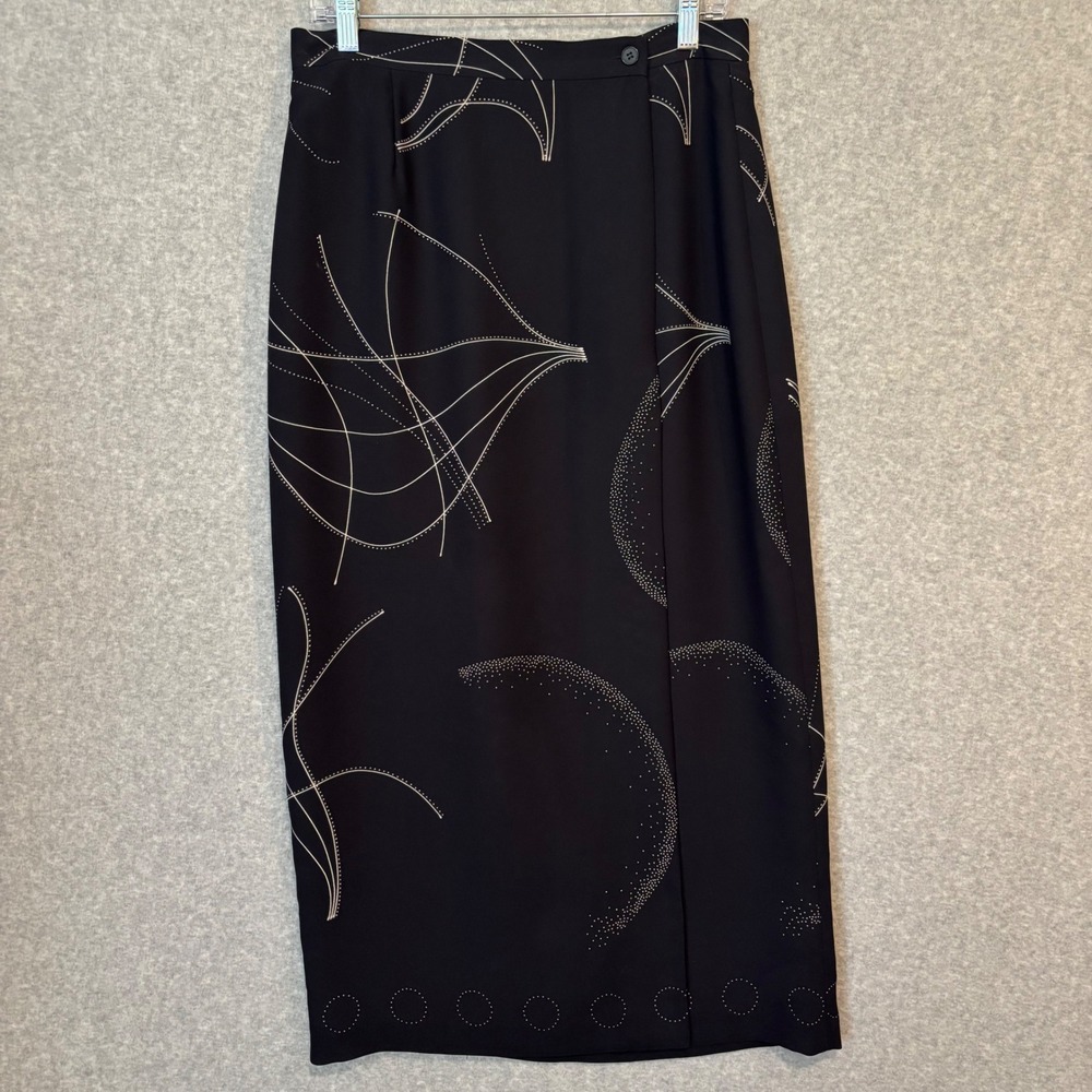 Chaus Women's 12 Maxi Skirt Career Black Abstract Print Faux Wrap Artsy Witchy‎